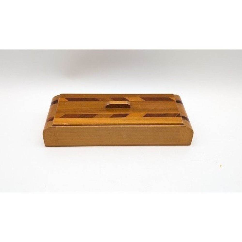 Vintage Wood Trinket Box Lid Parquetry Inlay Keepsake Jewelry Candy Case Chevron
